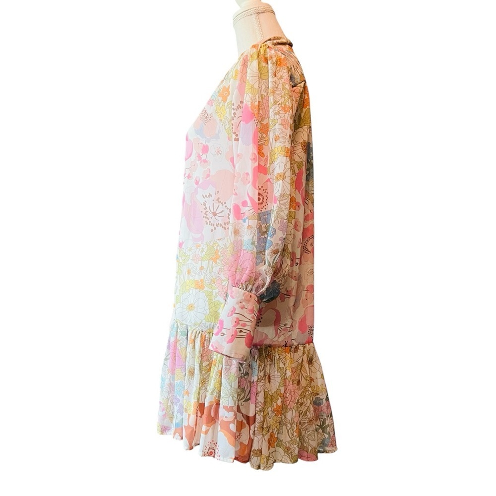 Pink Ripple Chic Long Sleeve Sheer Floral Dress in Pink and Cream Size Small - Picture 10 of 12